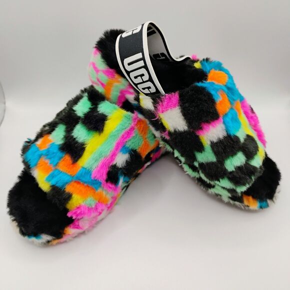 UGG Fluff Yeah Slide Check Checkerboard Plush Strap Back Slippers Sandals - Picture 1 of 5